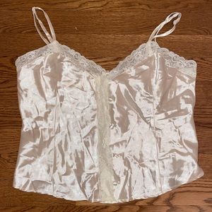off white satin, lace, button front cami